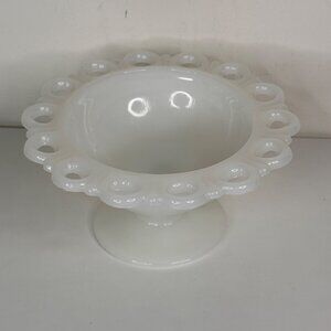Vintage White Milk Glass Pedestal Bowl With Decorative Lace Edge Design